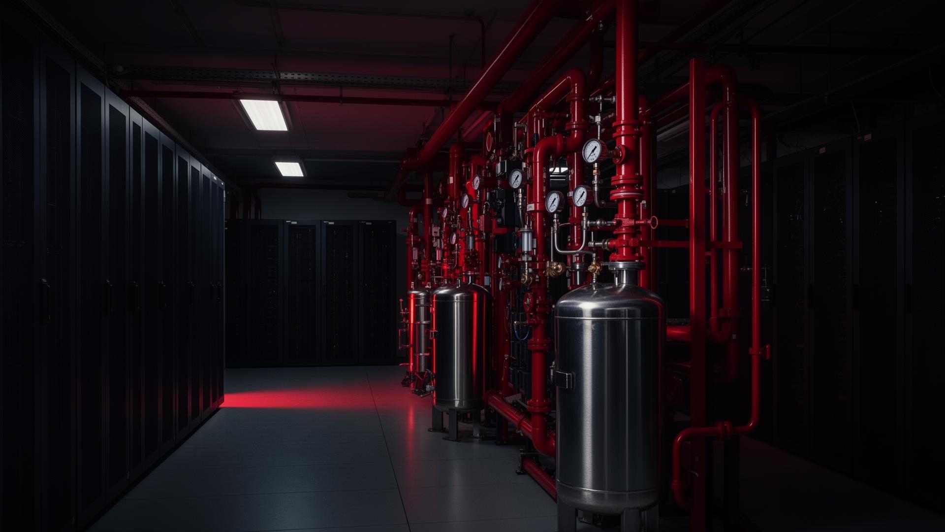 Industrial fire suppression system with red pipework